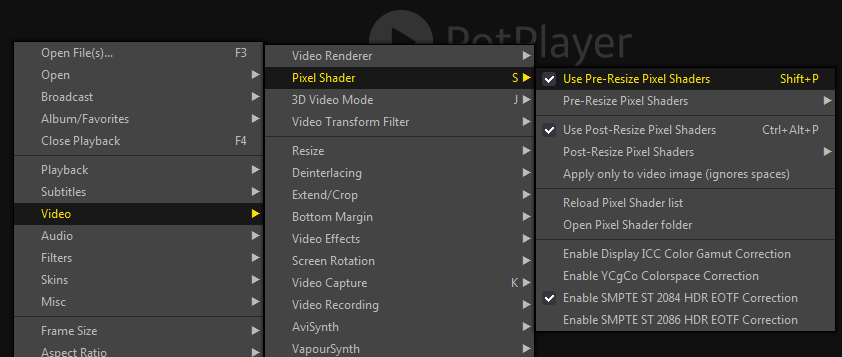 PotPlayer-HDR-Play back settings for OUPREE HDR VIDEO ENCODER