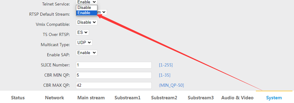 IP Encoder telnet enable disalbe